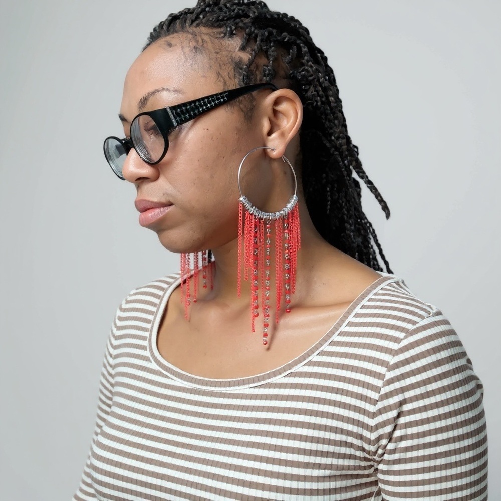 Elegant Silver and Red Fringe Earrings
